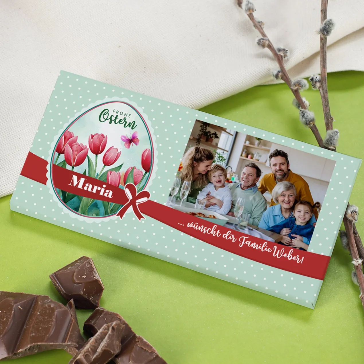 Osterschokolade mit Foto, Wunschtext & Name | Tulpenmotiv