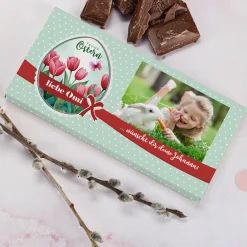 Osterschokolade mit Foto, Wunschtext & Name | Tulpenmotiv