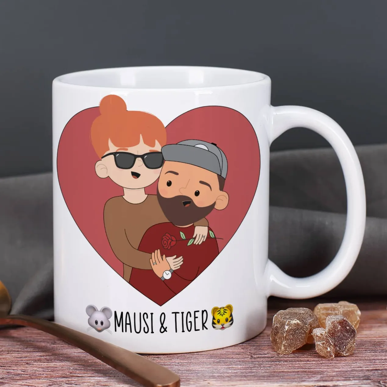 Paar-Tasse mit personalisierbaren Figuren und wählbarem Spruch