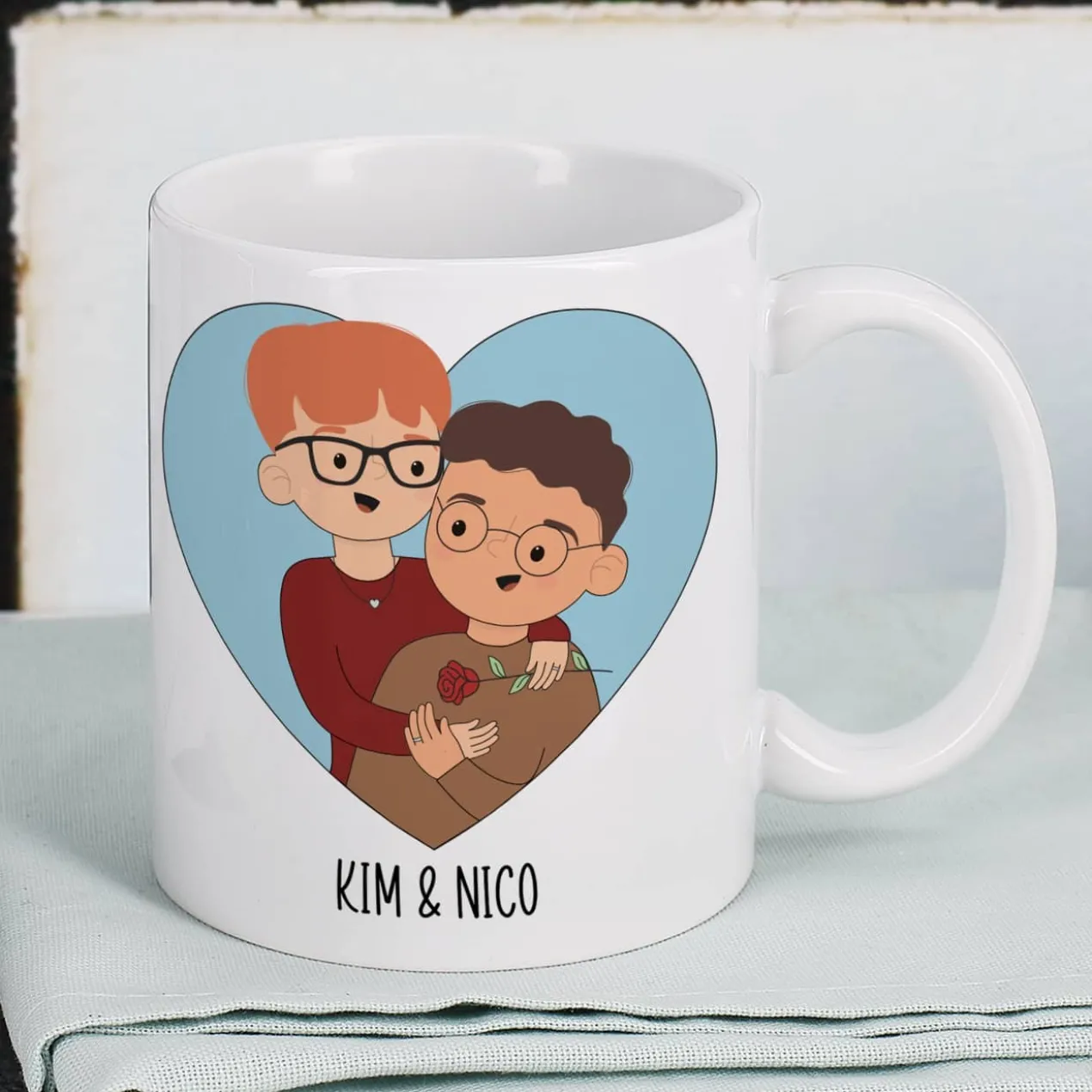 Paar-Tasse mit personalisierbaren Figuren und wählbarem Spruch