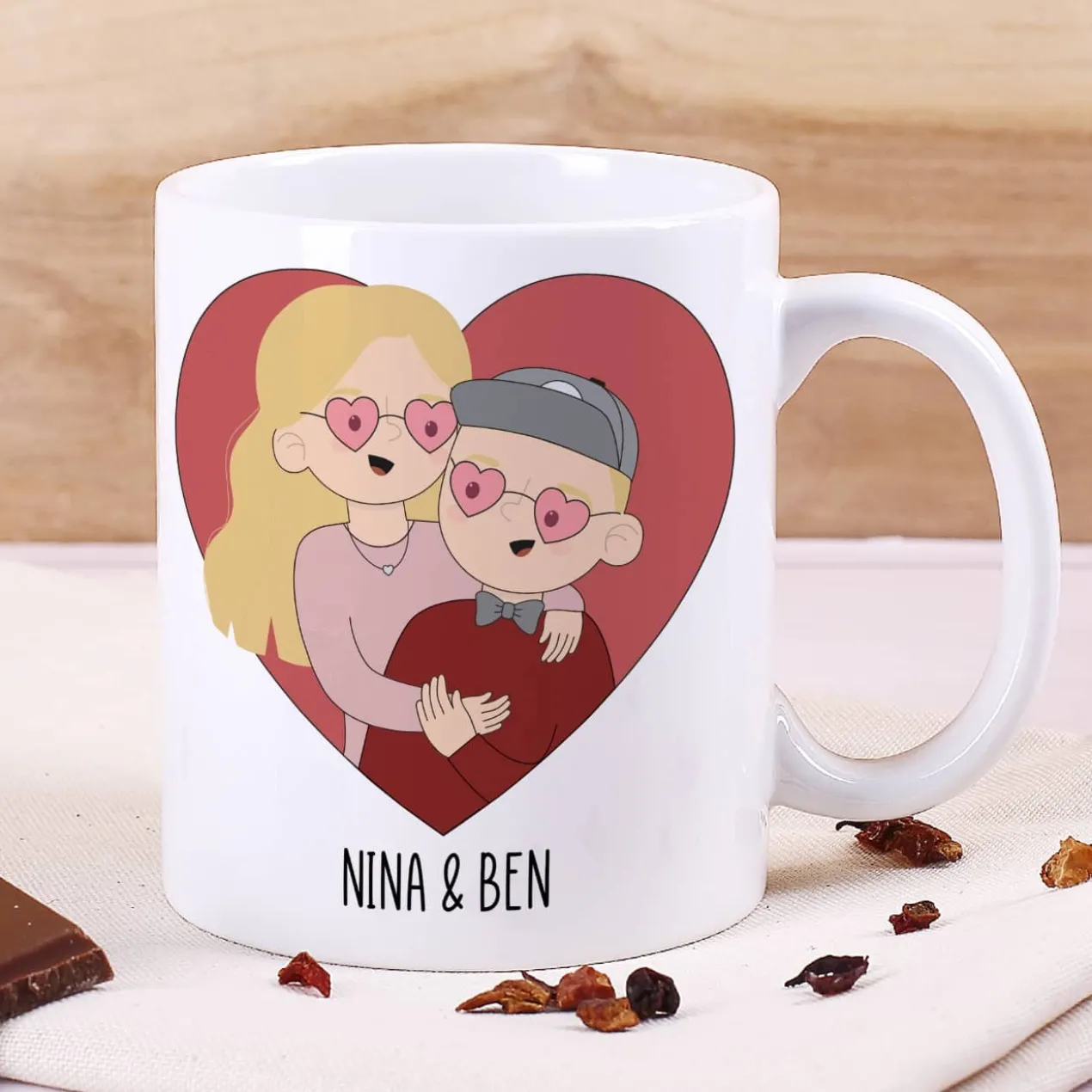 Paar-Tasse mit personalisierbaren Figuren und wählbarem Spruch