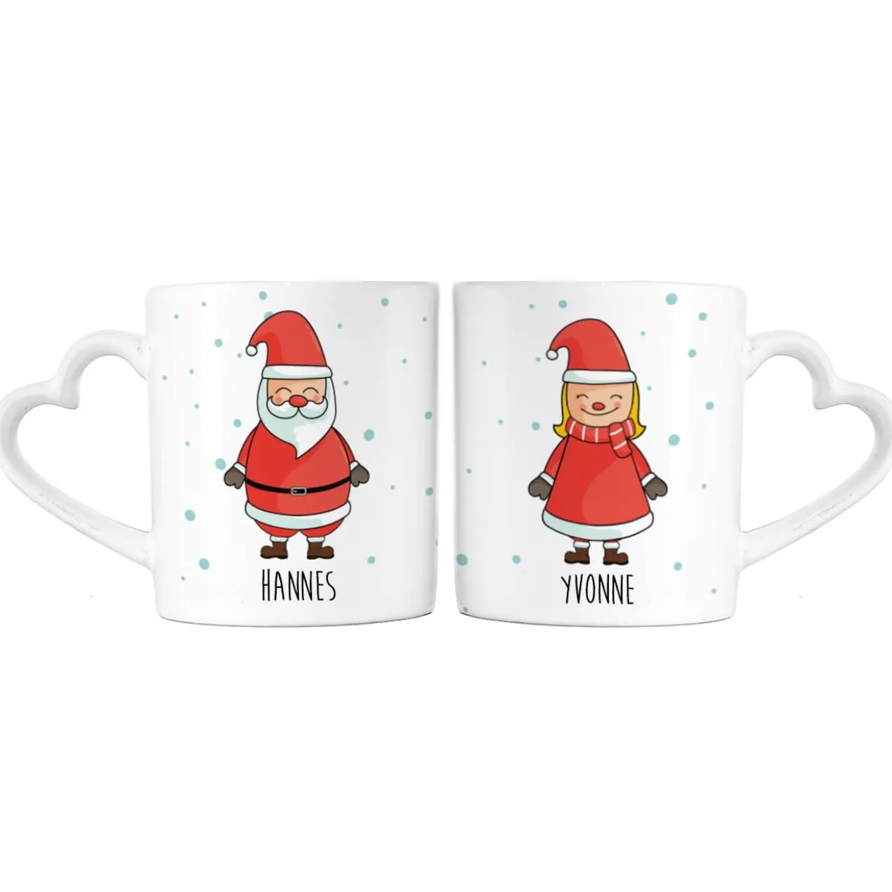 Paartassen mit Herzhenkel und Weihnachtsmotiv