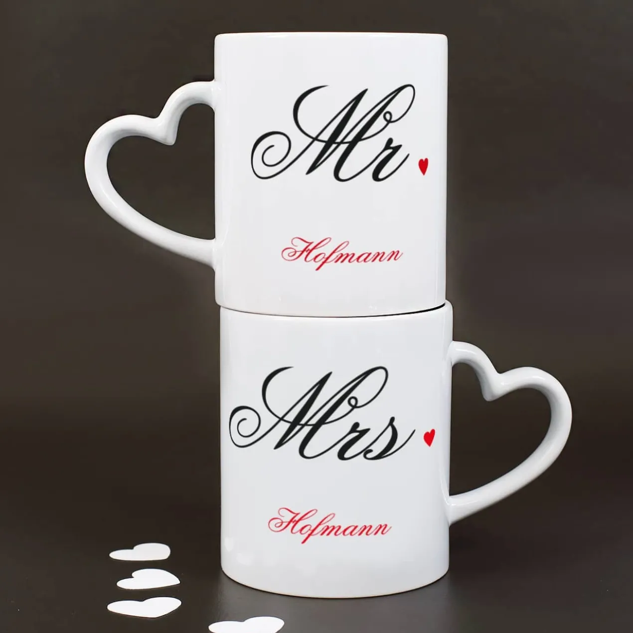 Paartassen Mr und Mrs mit herzförmigem Henkel