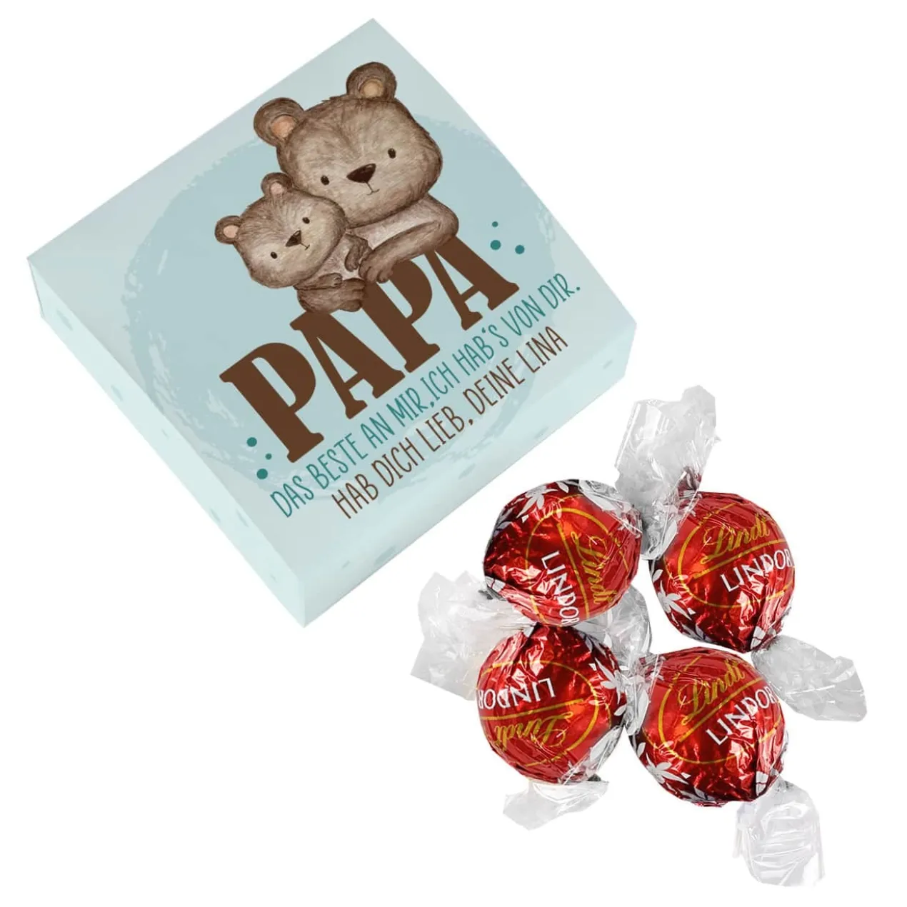 Papa, das Beste an mir, ich hab's von Dir - 4 Lindorkugeln in persönlicher Faltschachtel