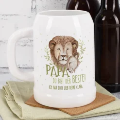 Papa du bist der Beste! - Bierkrug mit Löwenmotiv und Wunschtext