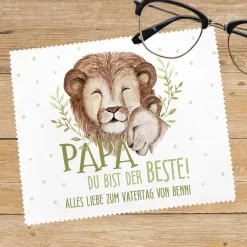 Papa du bist der Beste! - Brillenputztuch zum Vatertag mit Löwenmotiv