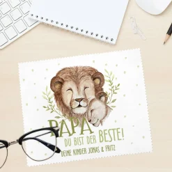 Papa du bist der Beste! - Brillenputztuch zum Vatertag mit Löwenmotiv