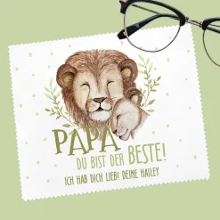 Papa du bist der Beste! - Brillenputztuch zum Vatertag mit Löwenmotiv