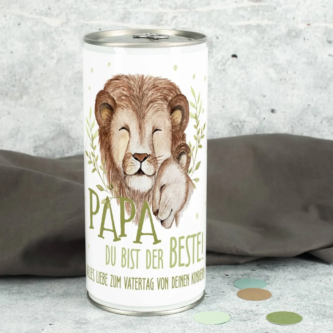 Papa du bist der Beste! - 1 Liter Bierdose mit Löwenmotiv und Wunschtext