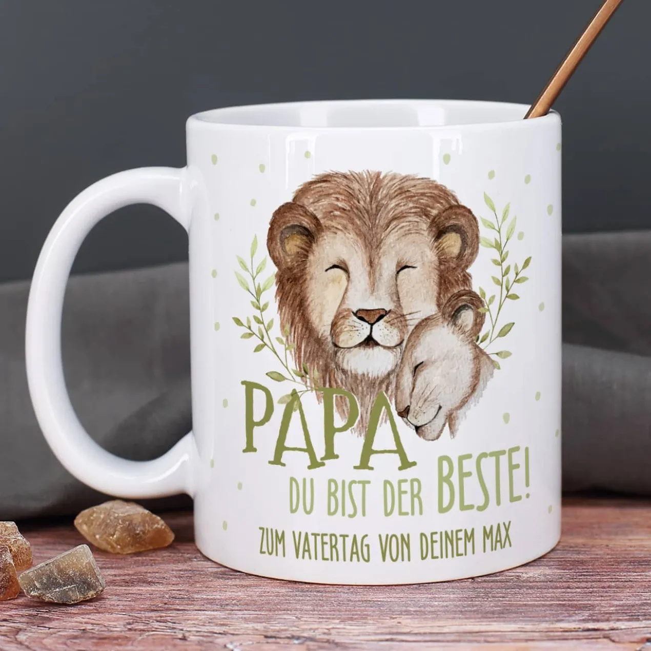 Papa du bist der Beste! - Tasse mit Löwenmotiv und Wunschtext