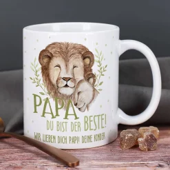Papa du bist der Beste! - Tasse mit Löwenmotiv und Wunschtext