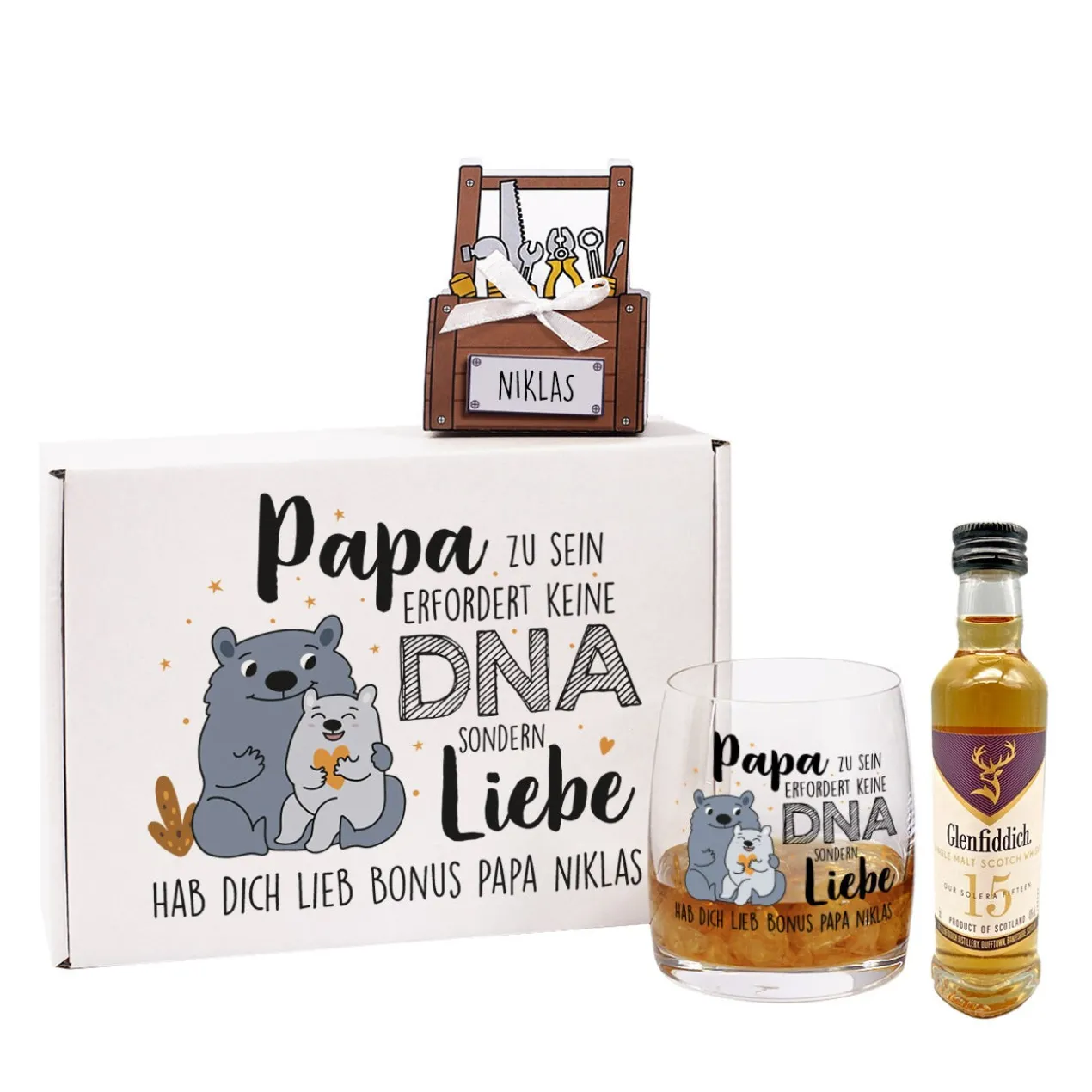Papa zu sein erfordert keine DNA sondern Liebe - Whisky Geschenkset zum Vatertag