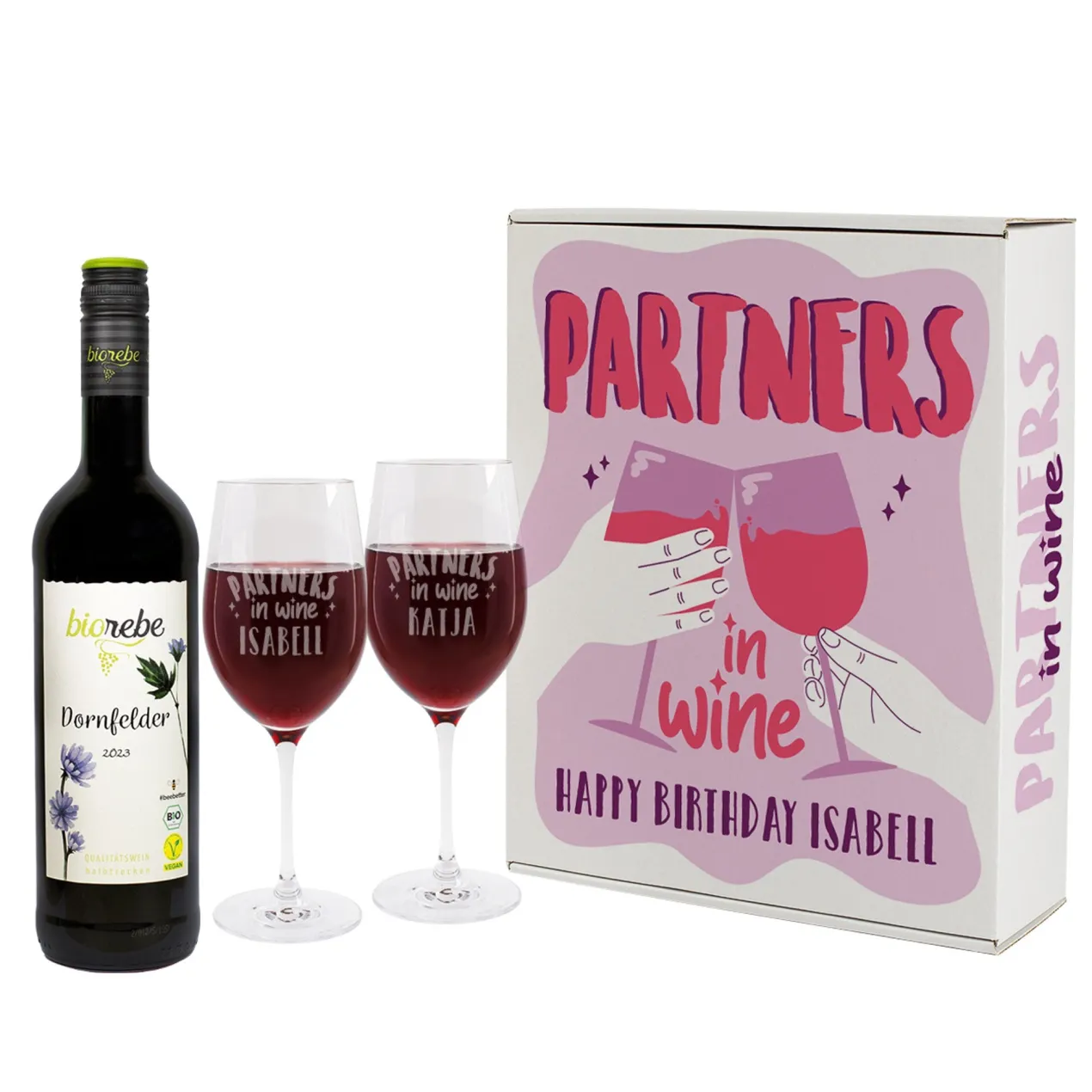 Partners in Wine - Wein Geschenkset mit zwei Weingläsern und veganem Biorebe Wein