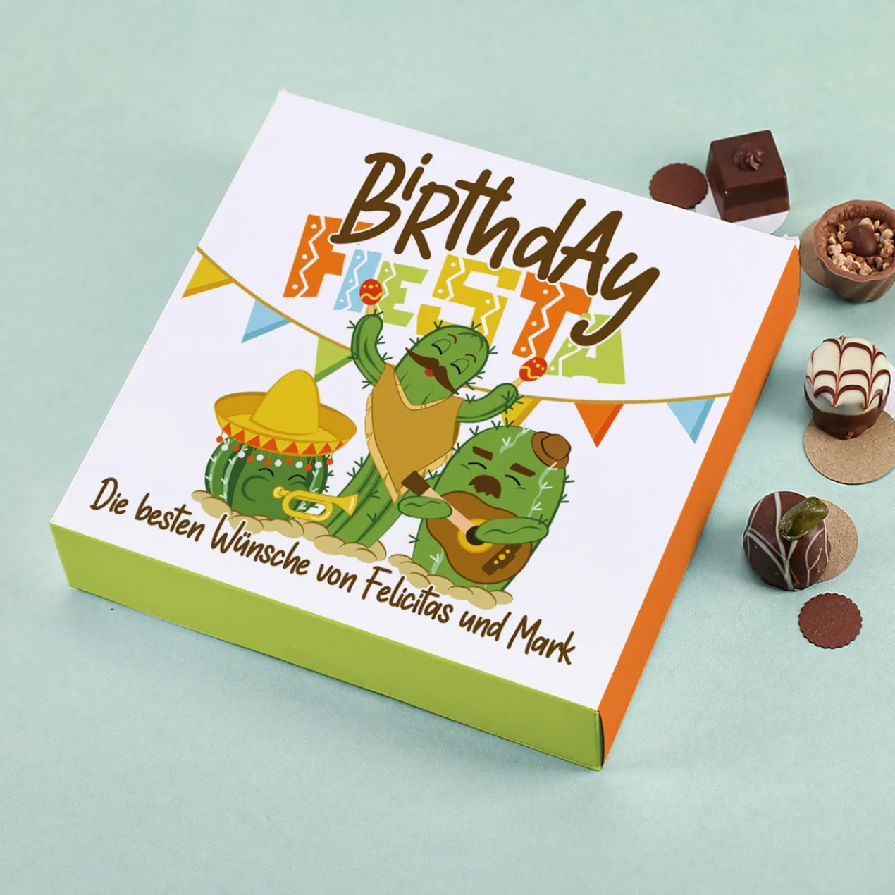 Persönliche Lindt Pralinen zum Geburtstag mit Birthday-Fiesta-Kakteen und Wunschtext