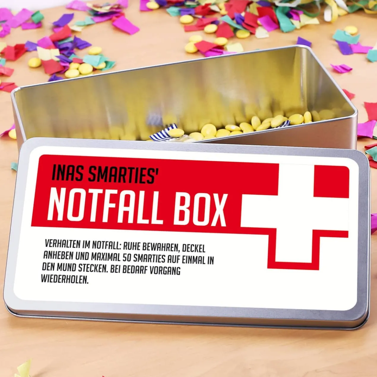 Persönliche Notfall Box aus Metall mit Ihrem Wunschtext gestaltet
