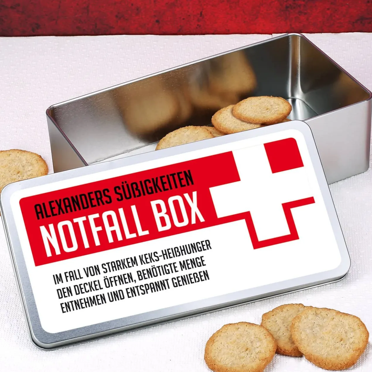 Persönliche Notfall Box aus Metall mit Ihrem Wunschtext gestaltet