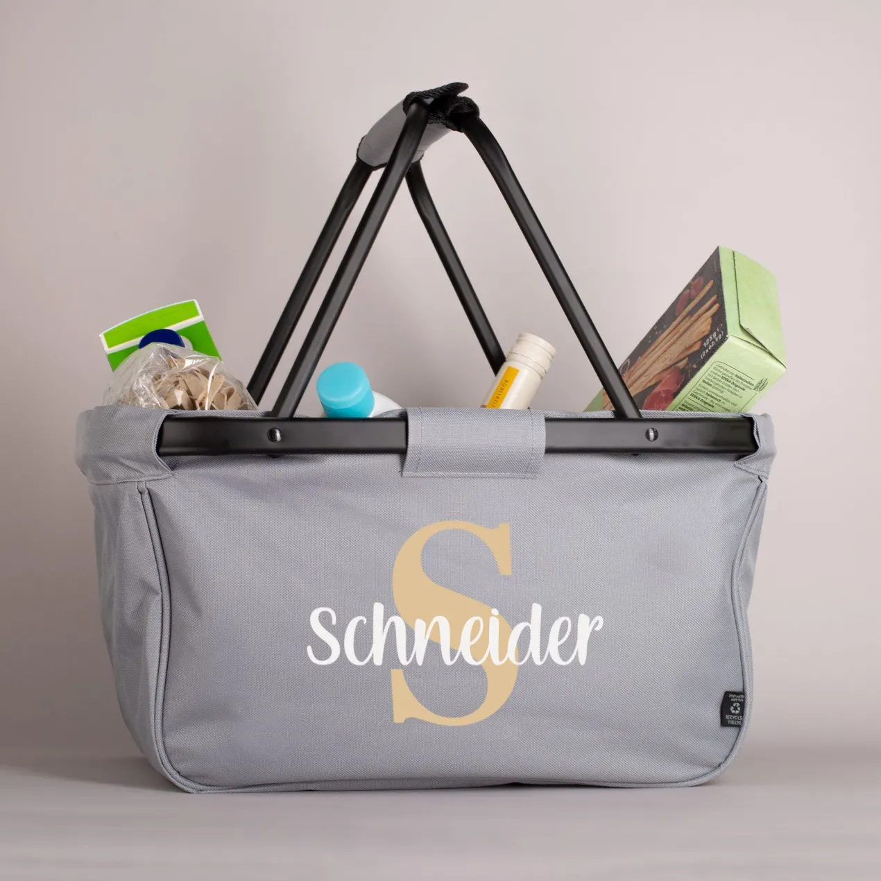 Persönlicher Einkaufskorb mit Initial und Wunschtext bedruckt - klappbar