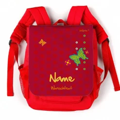 persönlicher Kinderrucksack in rot mit Schmetterlingen und Blüten