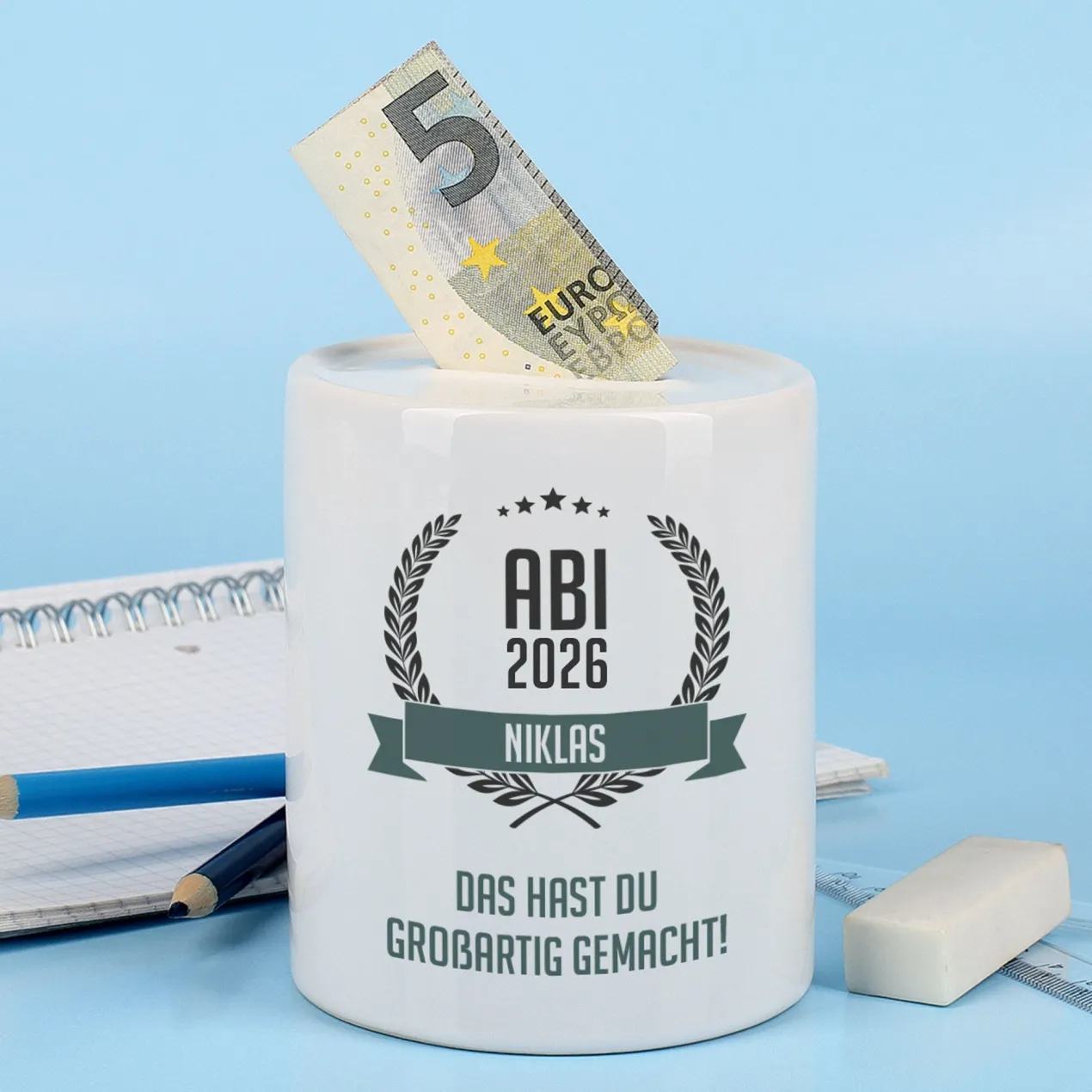 Persönliche Spardose als Geldgeschenk zum Abitur