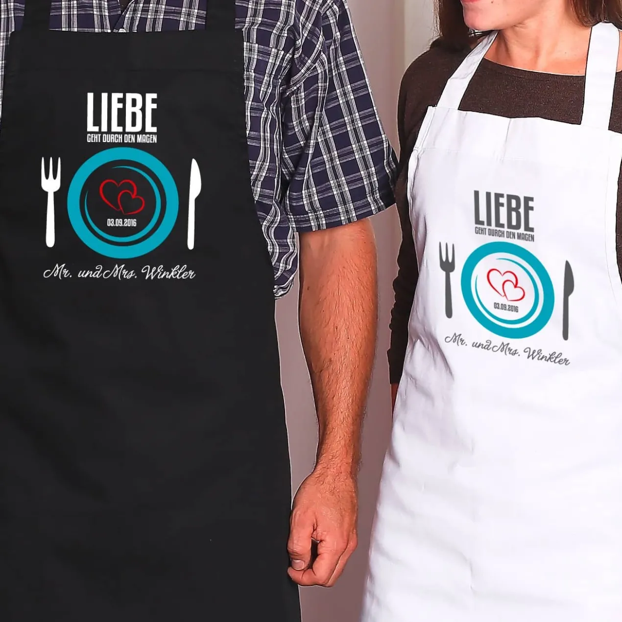 Persönliches Schürzenset zur Hochzeit - Liebe geht durch den Magen