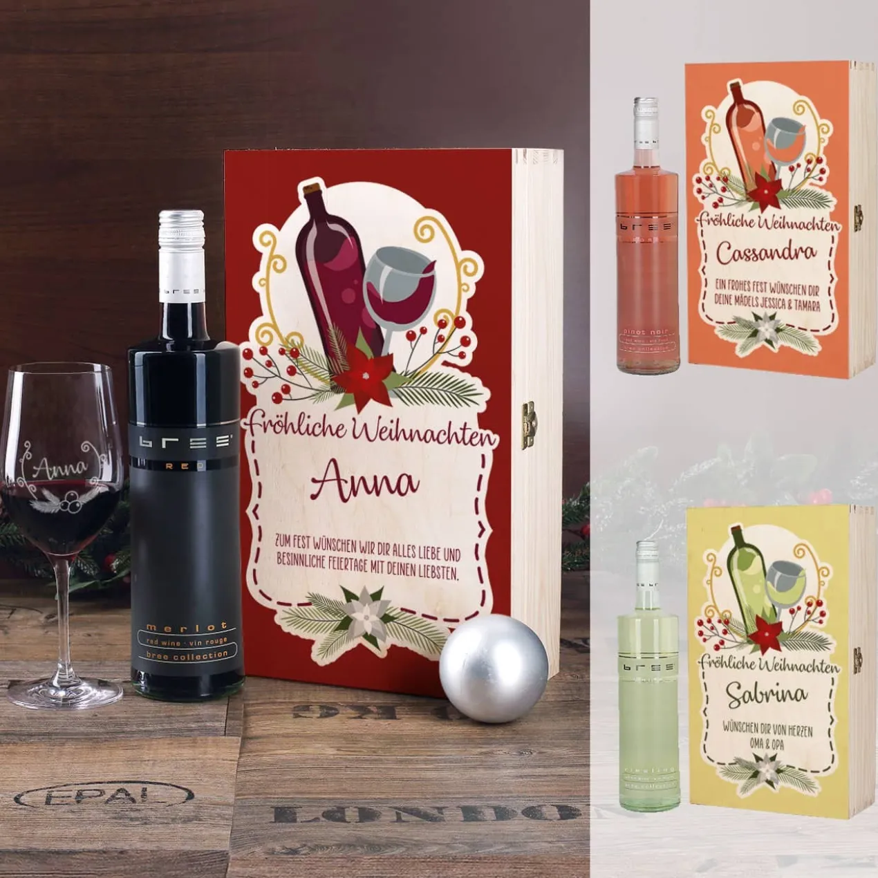 Persönliches Weihnachtsgeschenk für Weinliebhaber mit Weihnachtskranz, Name und Wunschtext