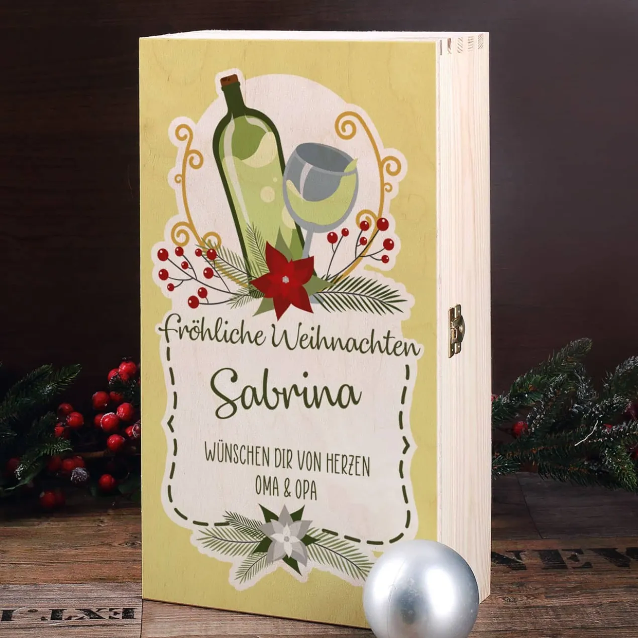Persönliches Weihnachtsgeschenk für Weinliebhaber mit Weihnachtskranz, Name und Wunschtext