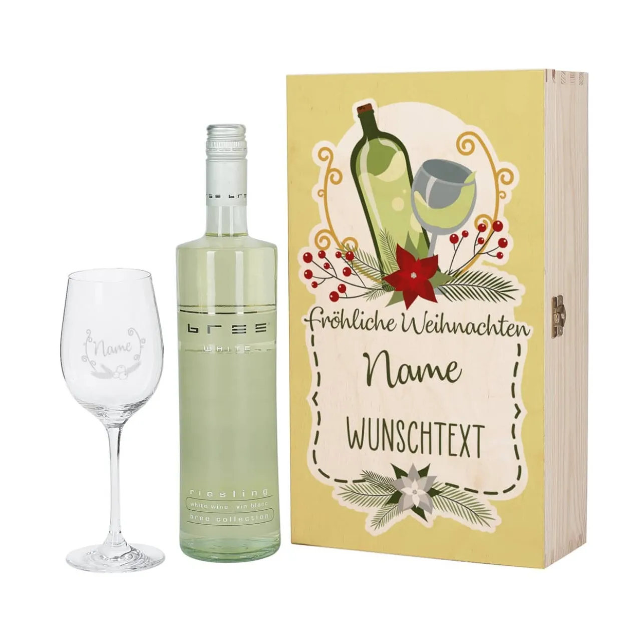 Persönliches Weihnachtsgeschenk für Weinliebhaber mit Weihnachtskranz, Name und Wunschtext