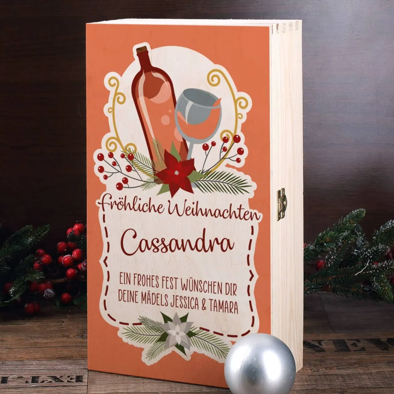 Persönliches Weihnachtsgeschenk für Weinliebhaber mit Weihnachtskranz, Name und Wunschtext