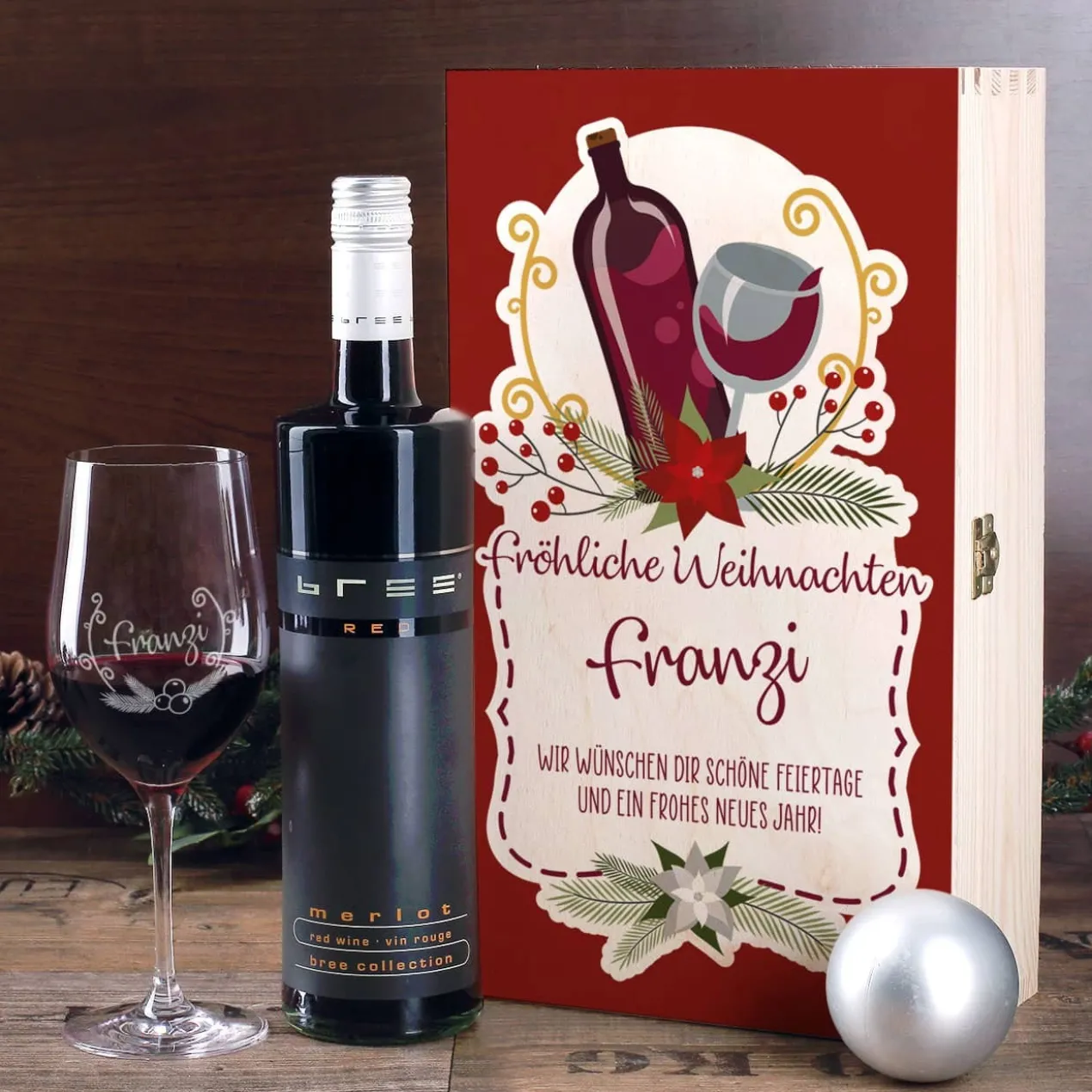 Persönliches Weihnachtsgeschenk für Weinliebhaber mit Weihnachtskranz, Name und Wunschtext