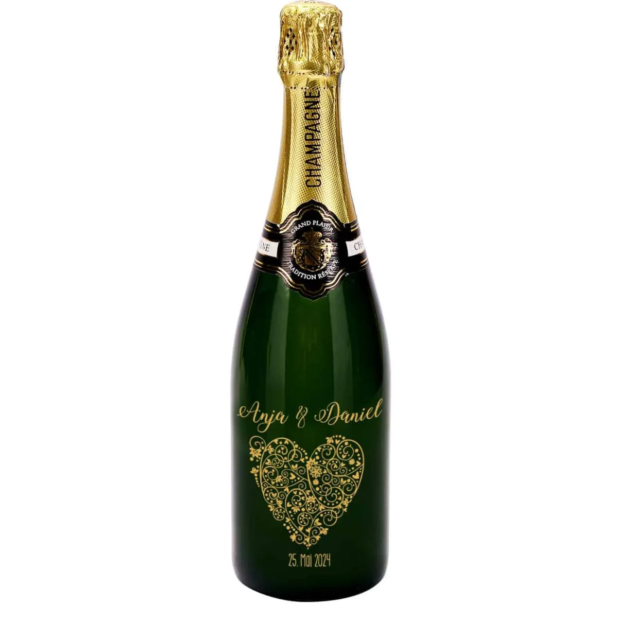 Persönlich gravierte Champagnerflasche mit Herz