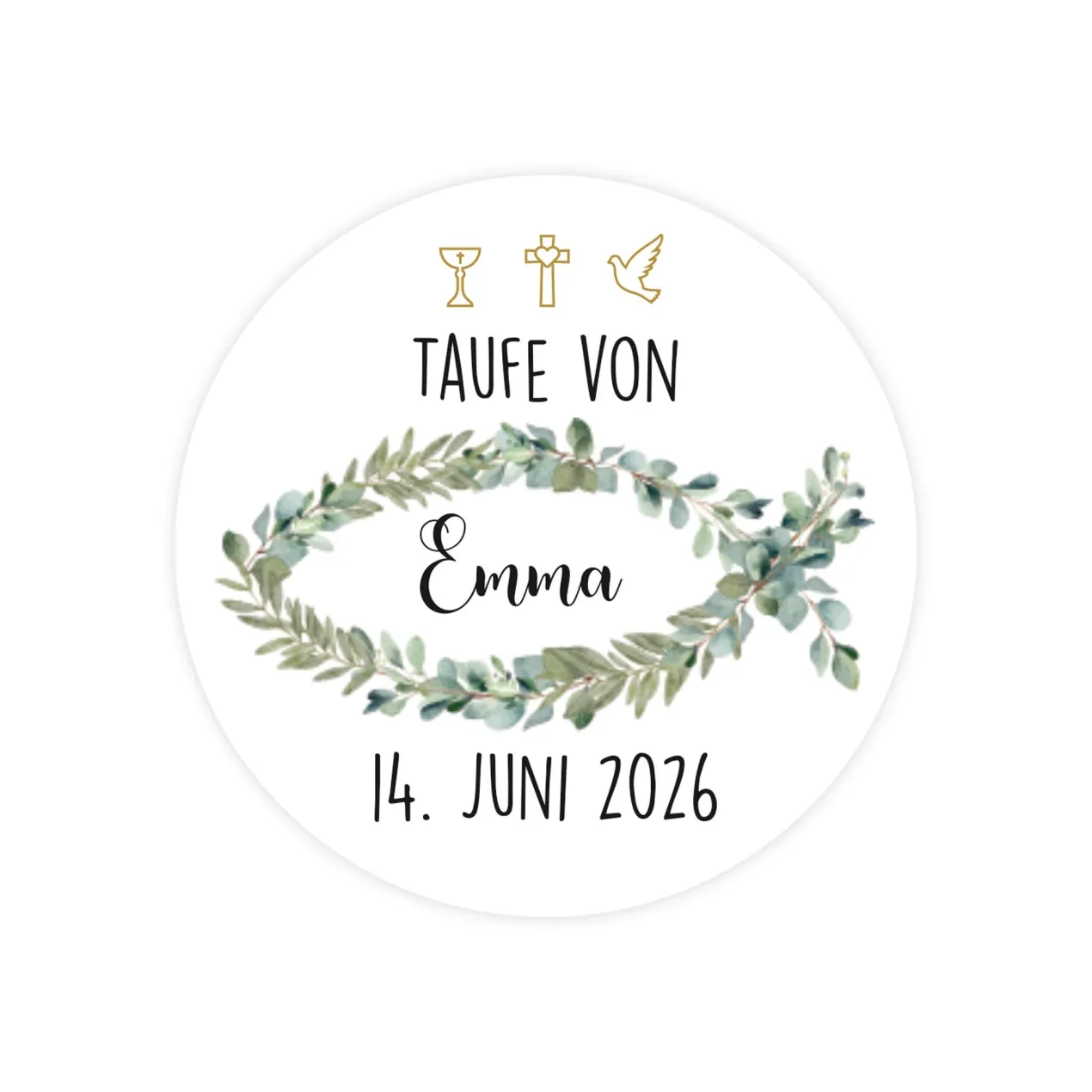 Personalisierbare Aufkleber zur Taufe, Kommunion & Konfirmation | Rund | Eukalyptus Ichthys