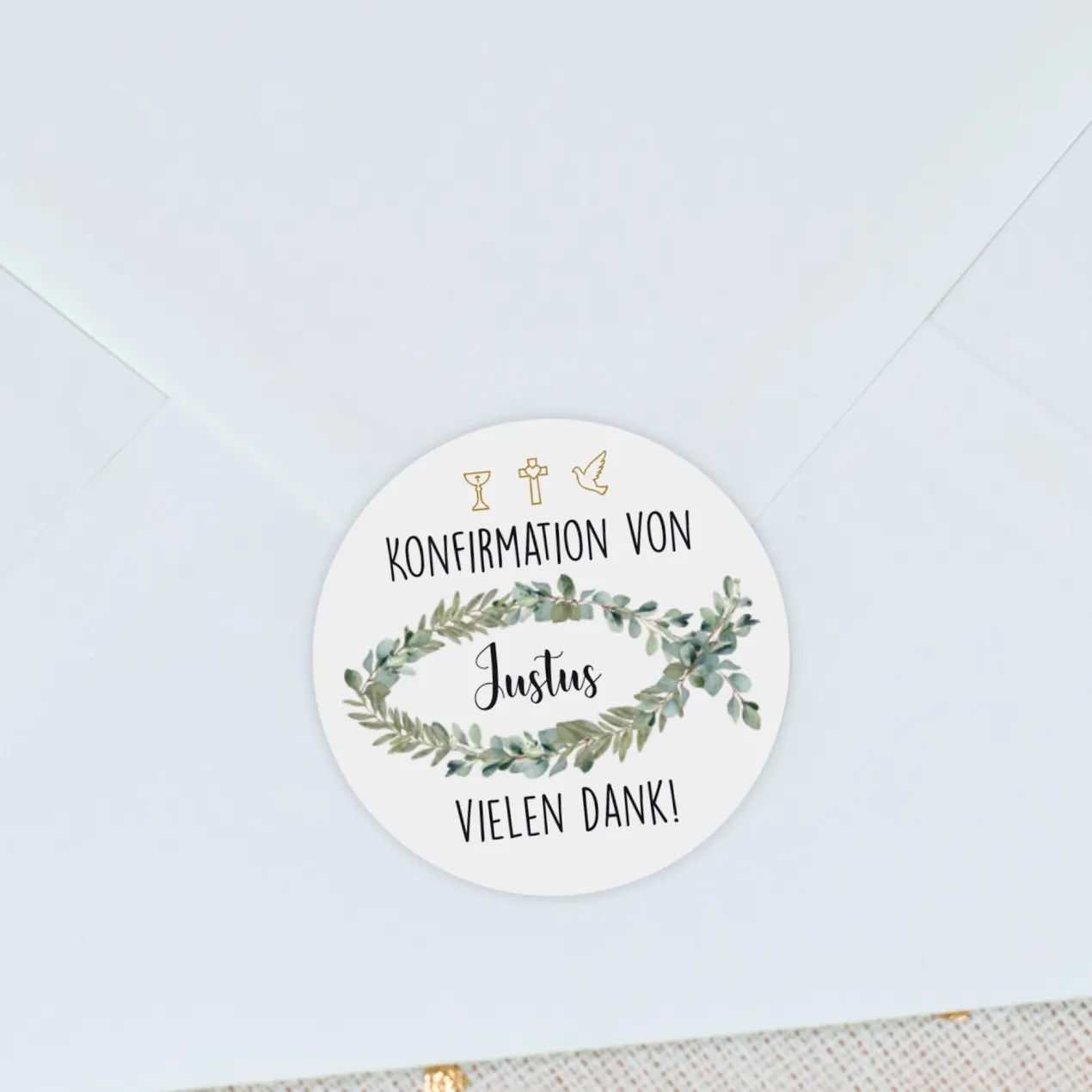 Personalisierbare Aufkleber zur Taufe, Kommunion & Konfirmation | Rund | Eukalyptus Ichthys
