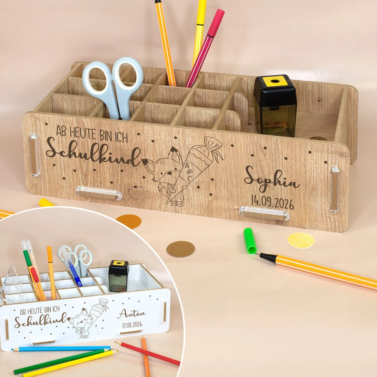 Personalisierbare clipfritz Stiftebox aus Holz für Kinder | Organizer als Geschenk zur Einschulung