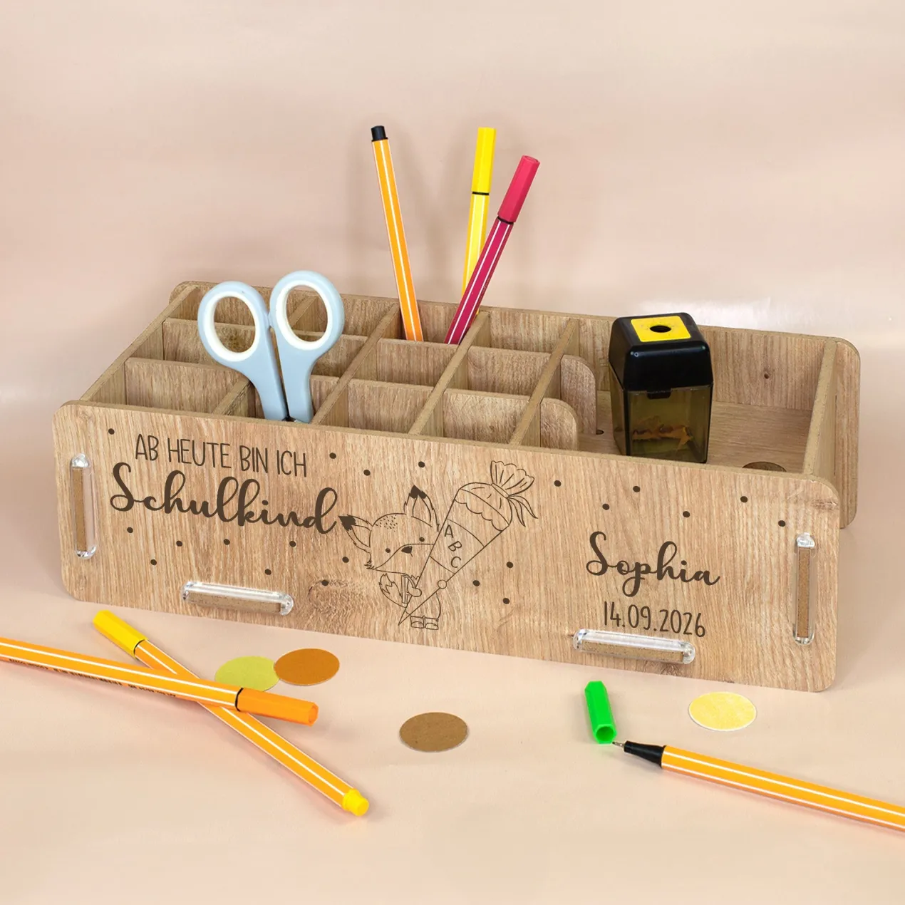 Personalisierbare clipfritz Stiftebox aus Holz für Kinder | Organizer als Geschenk zur Einschulung