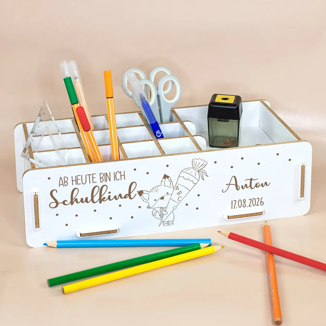 Personalisierbare clipfritz Stiftebox aus Holz für Kinder | Organizer als Geschenk zur Einschulung