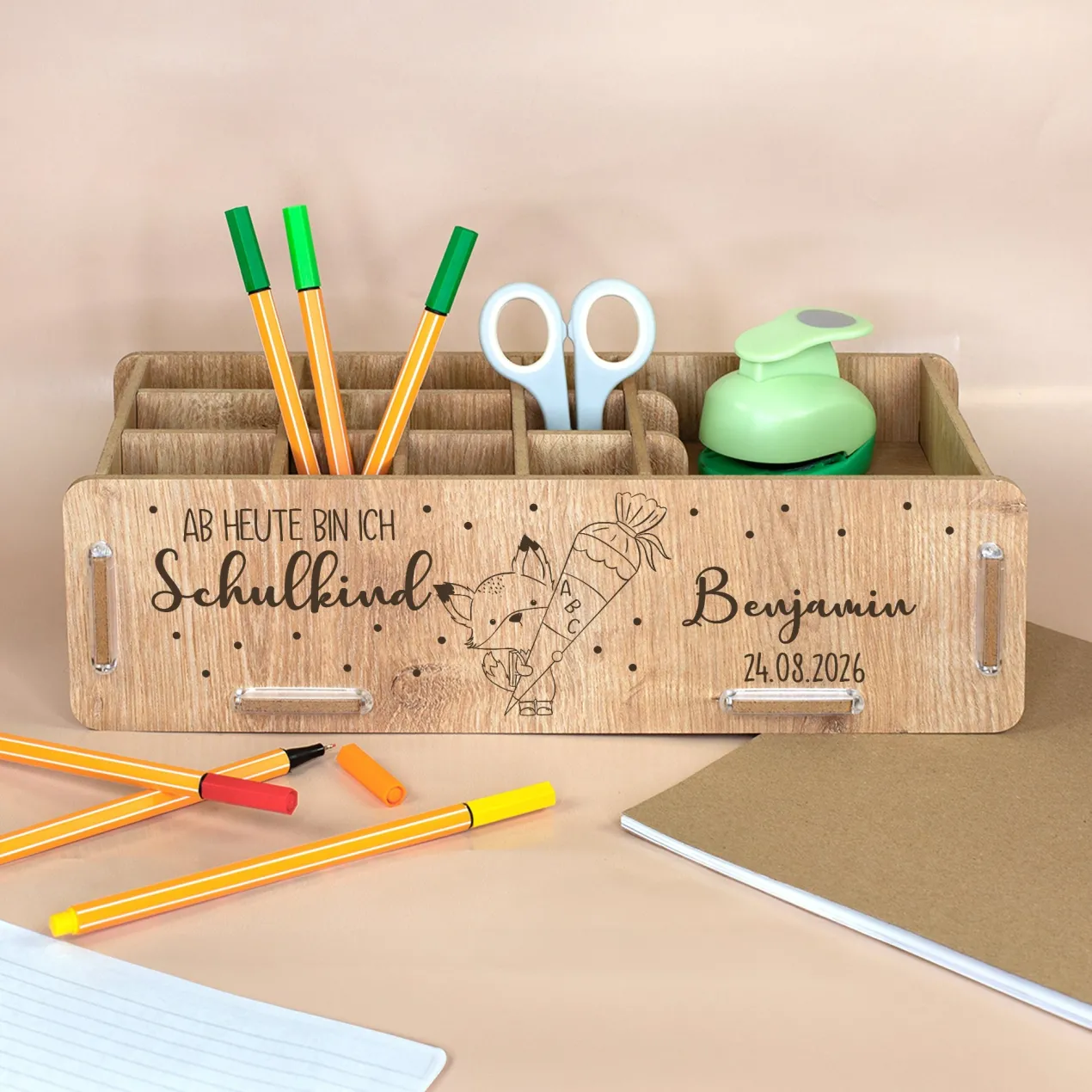 Personalisierbare clipfritz Stiftebox aus Holz für Kinder | Organizer als Geschenk zur Einschulung