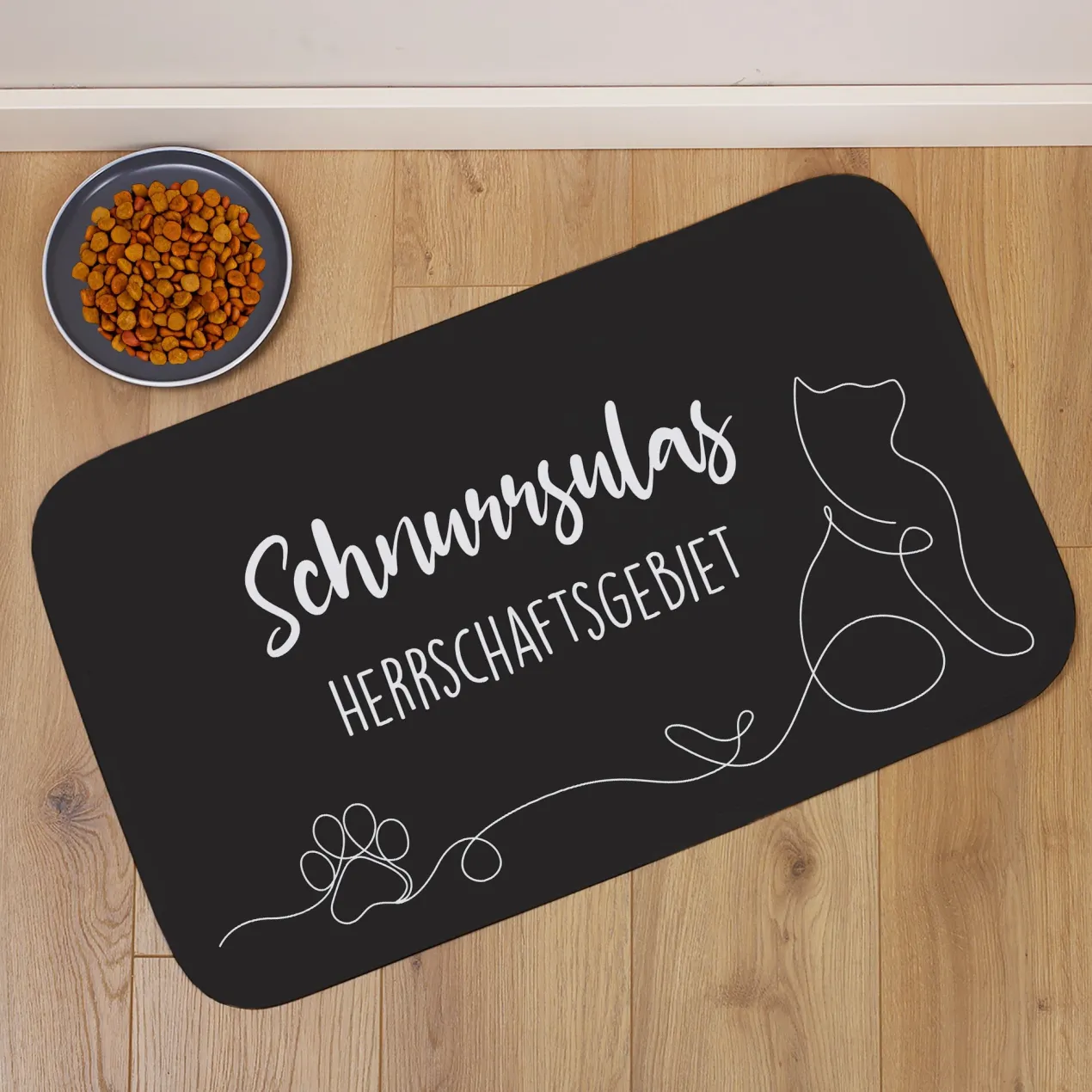Personalisierbare Katzenmatte mit eigenem Text | Rutschfeste Napfunterlage für Katzen