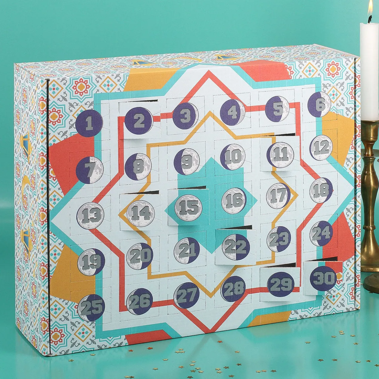 Personalisierbarer DIY Kalender zum Ramadan zum selbst Befüllen bedruckt mit 30 Mondphasen