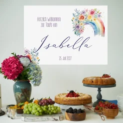 Personalisierbares Banner zur Taufe, Kommunion o. Konfirmation 70x50cm | Blumen-Regenbogen