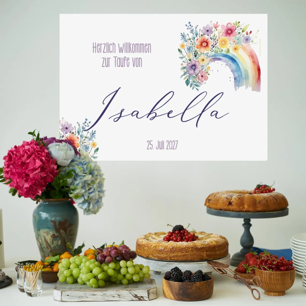 Personalisierbares Banner zur Taufe, Kommunion o. Konfirmation 70x50cm | Blumen-Regenbogen