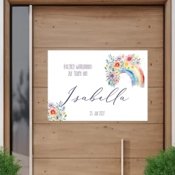 Personalisierbares Banner zur Taufe, Kommunion o. Konfirmation 70x50cm | Blumen-Regenbogen