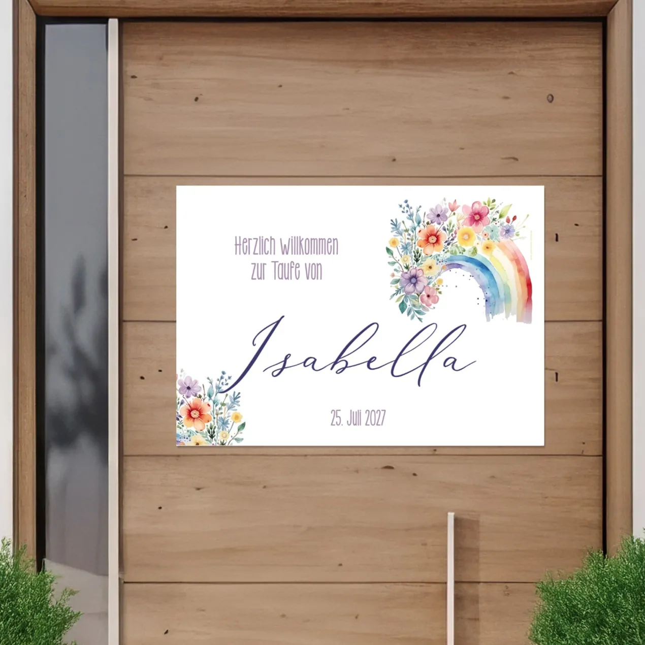 Personalisierbares Banner zur Taufe, Kommunion o. Konfirmation 70x50cm | Blumen-Regenbogen