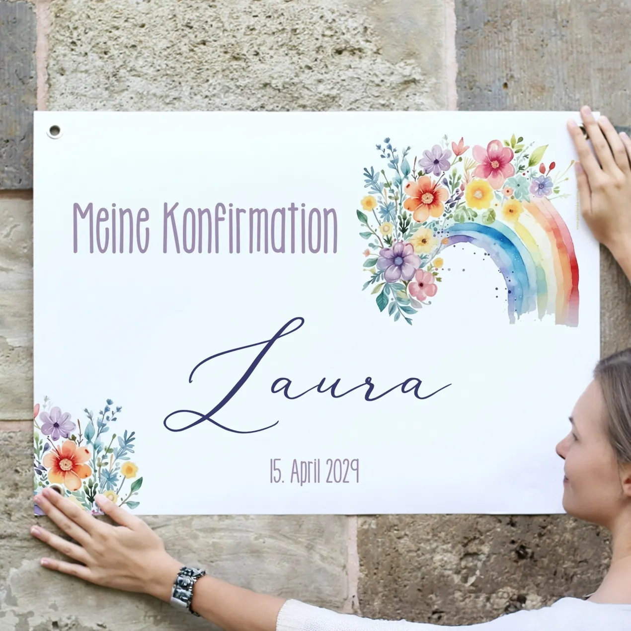 Personalisierbares Banner zur Taufe, Kommunion o. Konfirmation 70x50cm | Blumen-Regenbogen