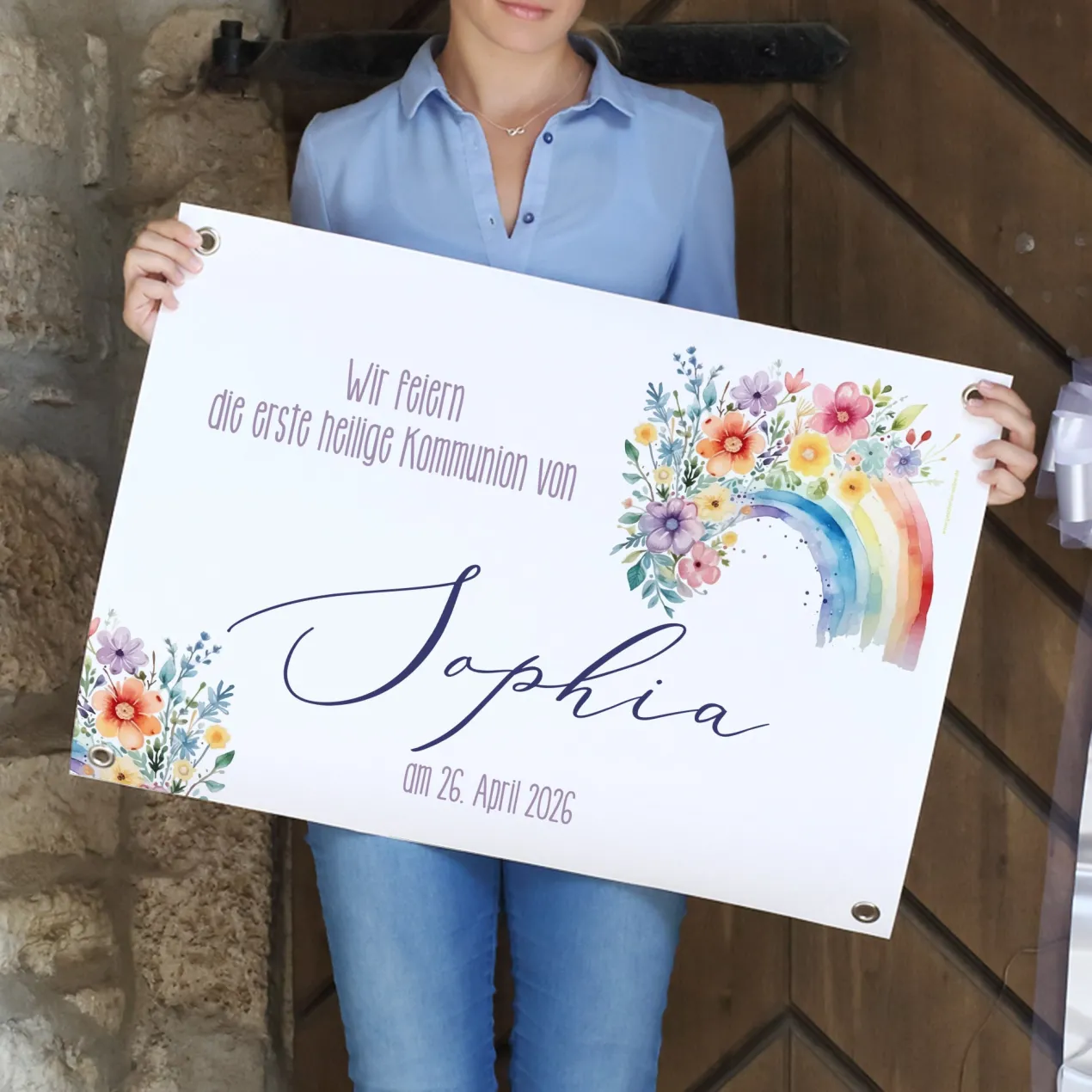 Personalisierbares Banner zur Taufe, Kommunion o. Konfirmation 70x50cm | Blumen-Regenbogen