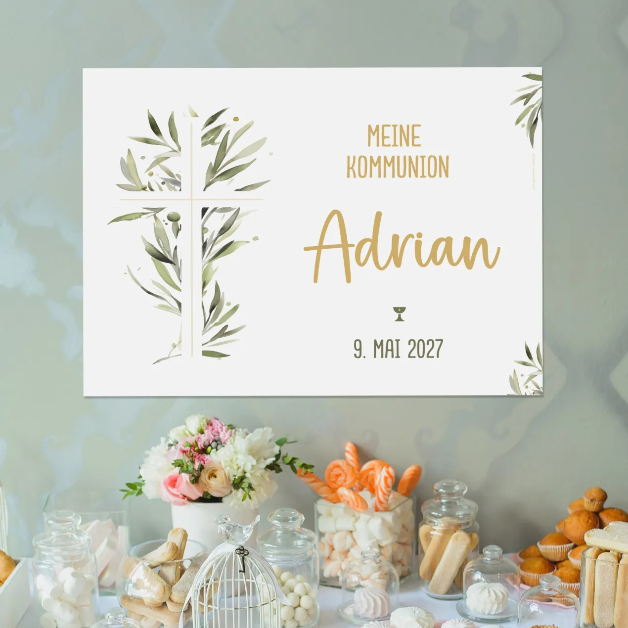 Personalisierbares Banner zur Taufe, Kommunion o. Konfirmation 70x50cm | Kreuz mit Ölzweig