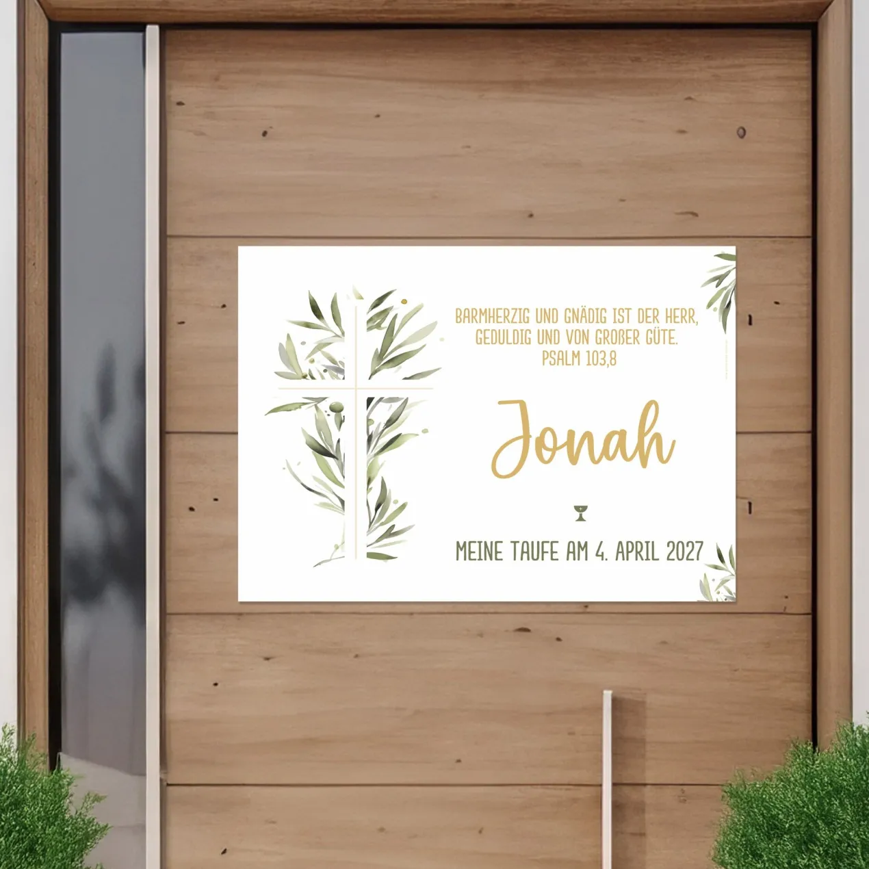 Personalisierbares Banner zur Taufe, Kommunion o. Konfirmation 70x50cm | Kreuz mit Ölzweig
