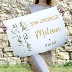Personalisierbares Banner zur Taufe, Kommunion o. Konfirmation 70x50cm | Kreuz mit Ölzweig