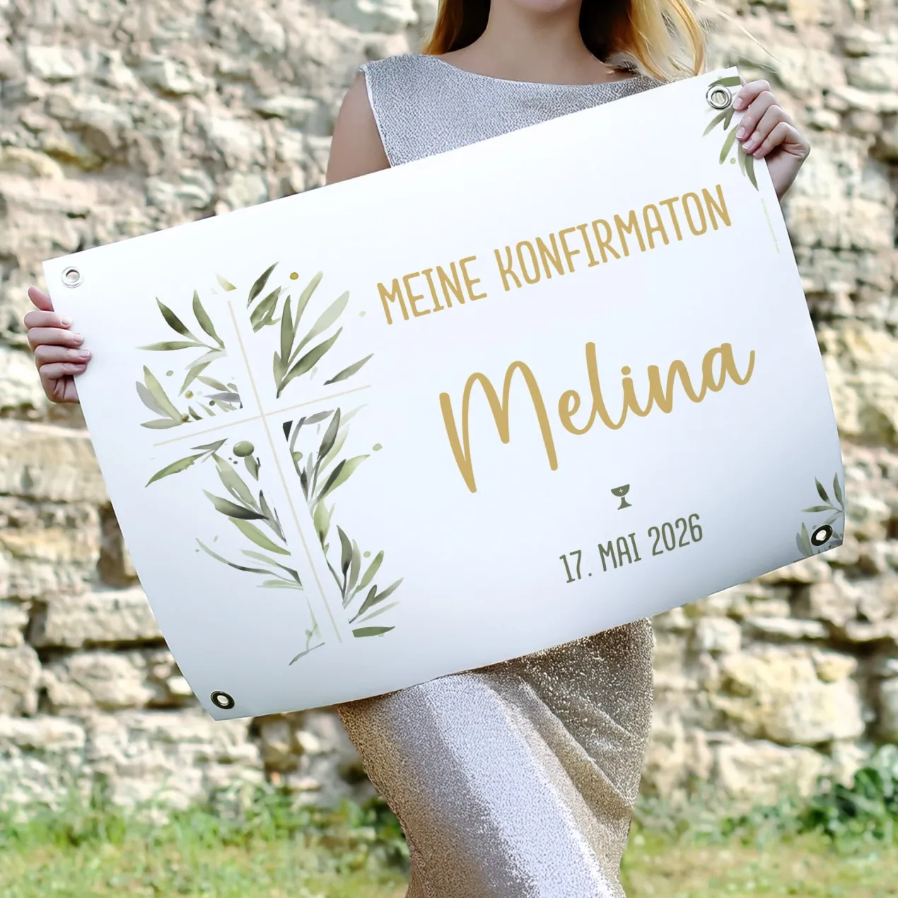 Personalisierbares Banner zur Taufe, Kommunion o. Konfirmation 70x50cm | Kreuz mit Ölzweig