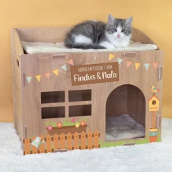 Personalisierbares clipfritz Katzenhaus aus Holz mit Fenster & Kissen | Geschenk für Katzen