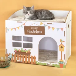 Personalisierbares clipfritz Katzenhaus aus Holz mit Fenster & Kissen | Geschenk für Katzen